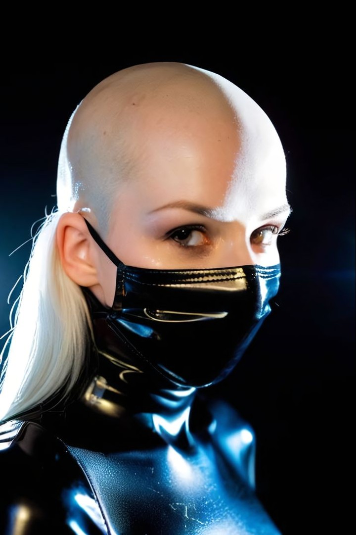 a woman with a bald head and mask in black latex